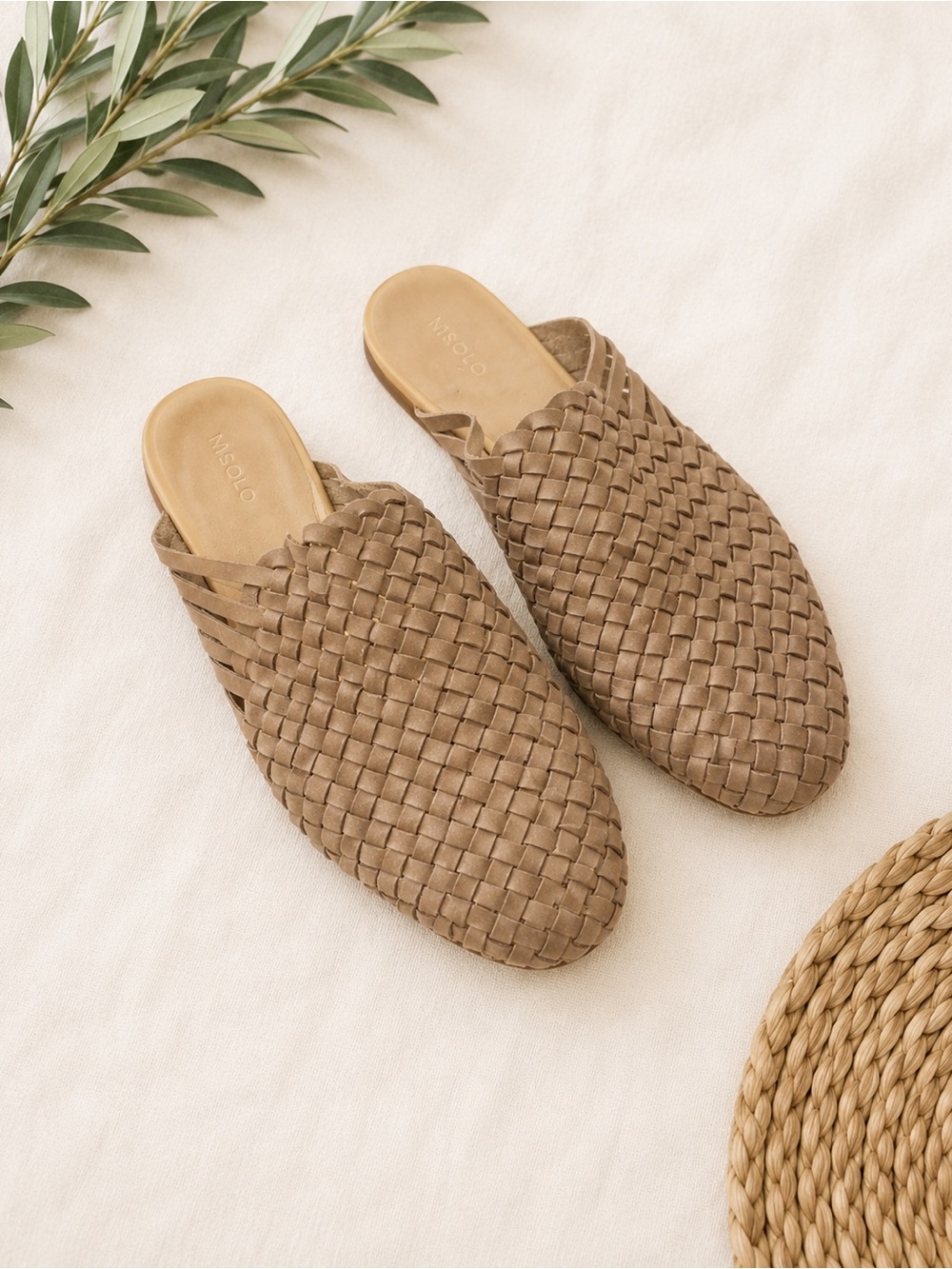 Nisolo Woven Leather Mule Flats in Taupe Brown
